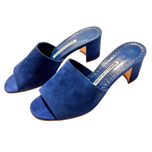 Manolo Blahnik Navy Blue Rapallato Soft Suede Banded Block Heel Sandals … - Picture 8 of 12